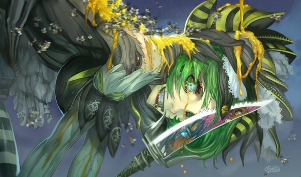 Anime picture 1696x1000 with elsevilla short hair blue eyes wide image green eyes yellow eyes blue hair pink hair green hair mouth hold reflection insect girl girl insect knife honey bee