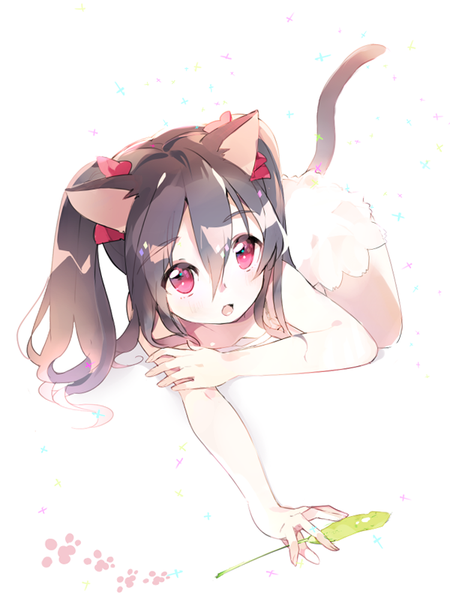 Anime picture 600x800 with love live! school idol project sunrise (studio) love live! yazawa nico atsumi jun single long hair tall image fringe open mouth light erotic black hair hair between eyes white background twintails animal ears looking away tail lying animal tail