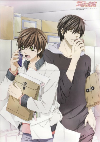 Anime picture 1122x1600 with sekaiichi hatsukoi takano masamune onodera ritsu nakamura shungiku tall image blush short hair open mouth black hair smile brown hair standing brown eyes green eyes scan official art multiple boys couple hand in pocket smirk