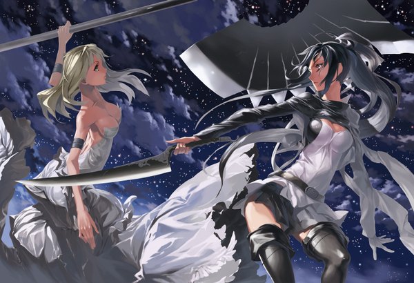 Anime picture 1516x1038 with original justminor long hair black hair blonde hair red eyes bare shoulders multiple girls yellow eyes sky cloud (clouds) ponytail pleated skirt night zettai ryouiki night sky battle girl dress weapon
