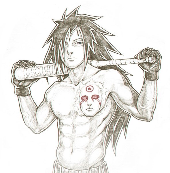 Anime picture 1015x1033 with naruto studio pierrot naruto (series) uchiha madara revangggie single long hair tall image fringe black hair white background hair over one eye topless muscle traditional media spiked hair abs boy gloves mask