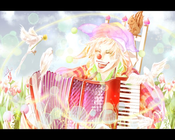 Anime picture 1500x1200 with original fujimaru6379 single open mouth blonde hair eyes closed sunlight striped flying face paint clown boy flower (flowers) plant (plants) animal bird (birds) musical instrument bandana accordion