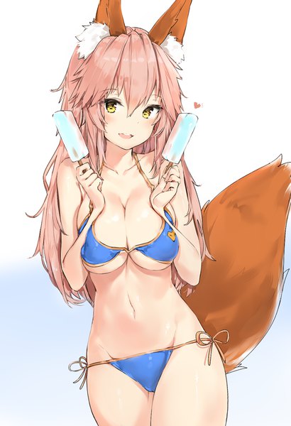 Anime picture 1190x1740 with fate (series) fate/extra tamamo (fate) (all) tamamo no mae (swimsuit lancer) (fate) silver (chenwen) single long hair tall image blush fringe breasts open mouth light erotic simple background hair between eyes large breasts animal ears yellow eyes pink hair tail