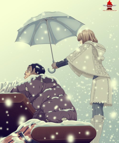 Anime picture 1082x1300 with bakuman. j.c. staff aoki yuriko nakai takuro ioshik tall image fringe black hair brown hair holding brown eyes profile black eyes coloring snowing winter snow shared umbrella girl boy