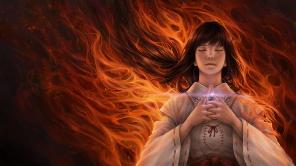 Anime picture 1920x1080 with inuyasha kikyou jxbp single long hair fringe highres black hair wide image eyes closed traditional clothes realistic glowing miko hands clasped glow girl necklace flame
