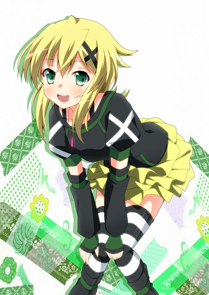 Anime picture 700x989 with senki zesshou symphogear satelight akatsuki kirika kurono yuzuko single tall image blush fringe short hair open mouth blonde hair green eyes looking away leaning leaning forward girl thighhighs skirt hair ornament detached sleeves