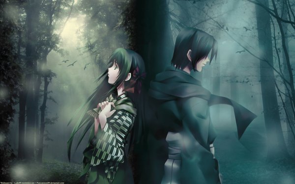 Anime picture 1920x1200 with cartagra long hair highres short hair wide image green eyes green hair yagasuri girl boy bow hair bow tree (trees) forest