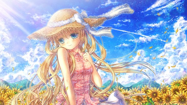Anime picture 1280x720 with air key (studio) kamio misuzu hinokami sakura single long hair blush blue eyes blonde hair wide image sky cloud (clouds) girl hat sundress sunflower