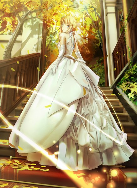 Anime picture 3012x4128 with fate (series) fate/stay night type-moon artoria pendragon (all) saber magicians (zhkahogigzkh) single tall image highres green eyes absurdres ahoge braid (braids) looking back autumn girl dress gloves ribbon (ribbons) bow