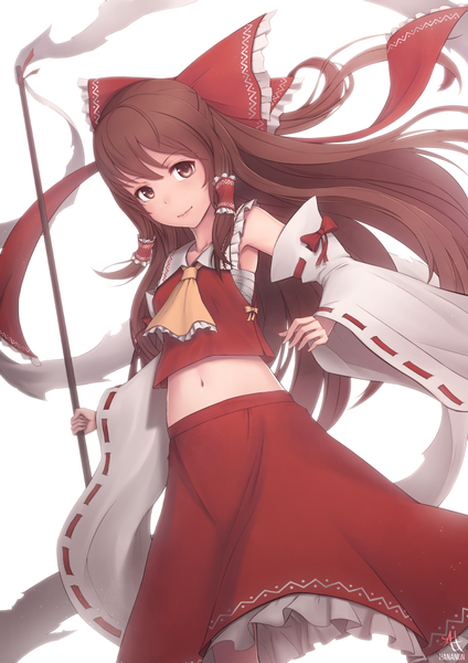 Anime picture 744x1052 with touhou hakurei reimu hananon single long hair tall image looking at viewer brown hair white background brown eyes traditional clothes japanese clothes miko girl skirt navel bow hair bow detached sleeves skirt set