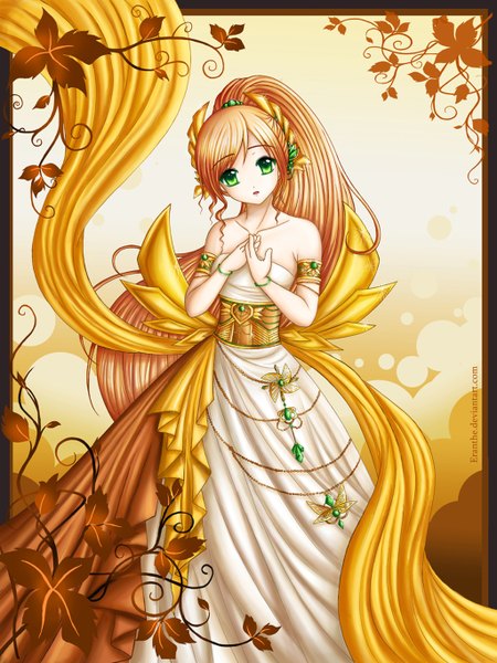 Anime picture 1024x1366 with original eranthe single long hair tall image looking at viewer open mouth brown hair bare shoulders green eyes ponytail girl dress hair ornament leaf (leaves) jewelry