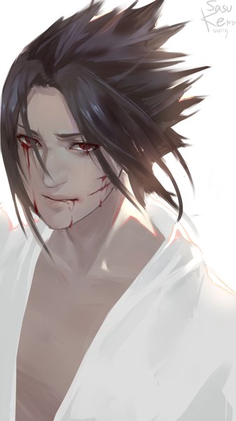 Anime picture 1080x1920 with naruto studio pierrot naruto (series) uchiha sasuke kamachi kamachi-ko single tall image short hair black hair simple background red eyes white background signed from above wind blood on face spiked hair bleeding boy blood