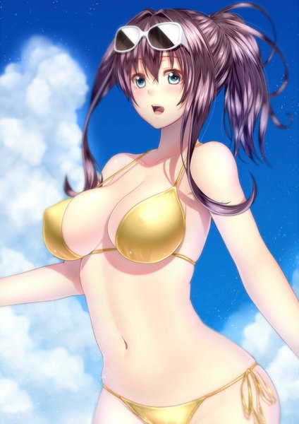 Anime picture 707x1000 with original kai (link2262) long hair tall image looking at viewer blush breasts open mouth blue eyes light erotic brown hair bare shoulders sky cloud (clouds) ponytail midriff sunglasses on head girl navel swimsuit