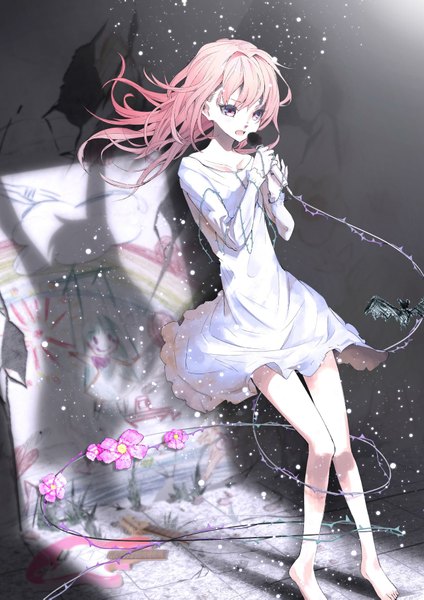 Anime picture 1280x1811 with original akasaka aka single long hair tall image fringe open mouth standing holding pink hair pink eyes barefoot wind shadow no shoes singing broken girl dress flower (flowers)
