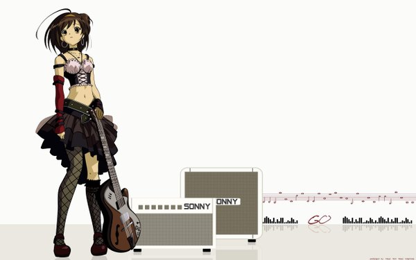 Anime picture 2560x1600 with suzumiya haruhi no yuutsu kyoto animation suzumiya haruhi nisec (nise) single highres short hair brown hair wide image brown eyes third-party edit music girl skirt detached sleeves earrings necklace guitar