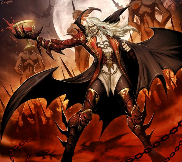 Anime picture 1100x984 with castlevania konami dracula (castlevania) genzoman long hair blonde hair red eyes red background boy moon blood chain cloak full moon wine glass bat corpse jabot