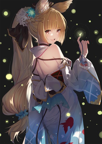 Anime picture 992x1403 with granblue fantasy yuisis (granblue fantasy) gin00 single long hair tall image looking at viewer blush fringe open mouth simple background blonde hair smile standing bare shoulders holding brown eyes animal ears ponytail blunt bangs