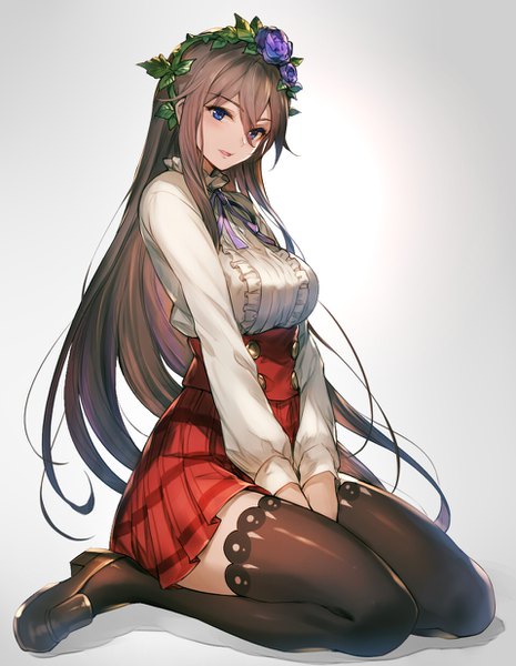 Anime picture 958x1236 with granblue fantasy rosetta (granblue fantasy) kakage single long hair tall image looking at viewer blush fringe breasts blue eyes simple background hair between eyes brown hair sitting full body long sleeves parted lips pleated skirt hair flower