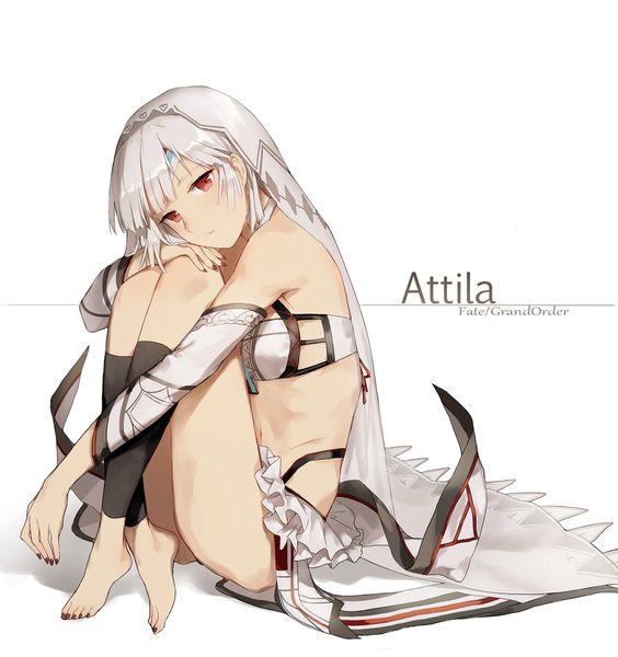 Anime picture 1520x1617 with fate (series) fate/grand order altera (fate) yoshimo (yoshimo1516) single tall image looking at viewer fringe short hair light erotic simple background red eyes white background sitting silver hair full body blunt bangs nail polish barefoot copyright name