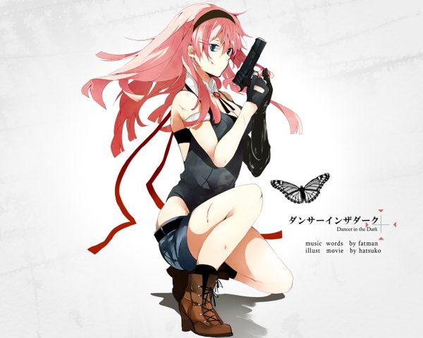 Anime picture 1280x1024 with vocaloid megurine luka hatsuko single long hair looking at viewer blue eyes simple background white background bare shoulders pink hair squat girl gloves hair ornament ribbon (ribbons) weapon elbow gloves shorts boots