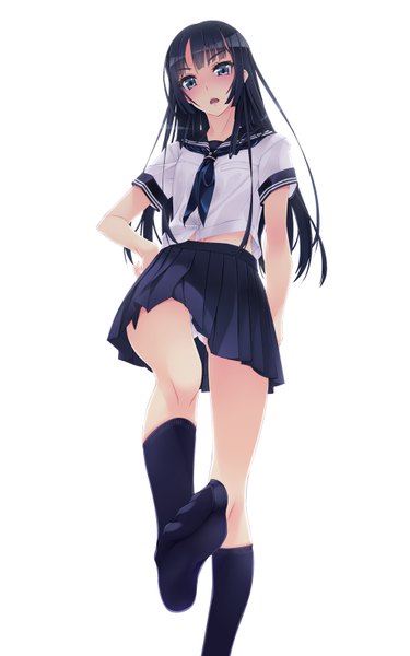 Anime picture 1000x1600 with original murakami suigun single long hair tall image looking at viewer blush open mouth blue eyes light erotic black hair white background pantyshot no shoes legs girl skirt uniform underwear panties