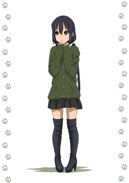 Anime picture 742x1050 with k-on! kyoto animation nakano azusa oku no shi single long hair tall image black hair simple background white background twintails brown eyes girl skirt thigh boots sweater