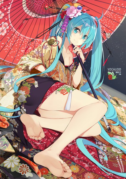 Anime picture 1240x1754 with vocaloid hatsune miku beek (artist) single tall image looking at viewer fringe light erotic smile hair between eyes twintails full body ahoge very long hair nail polish traditional clothes japanese clothes barefoot hair flower aqua eyes