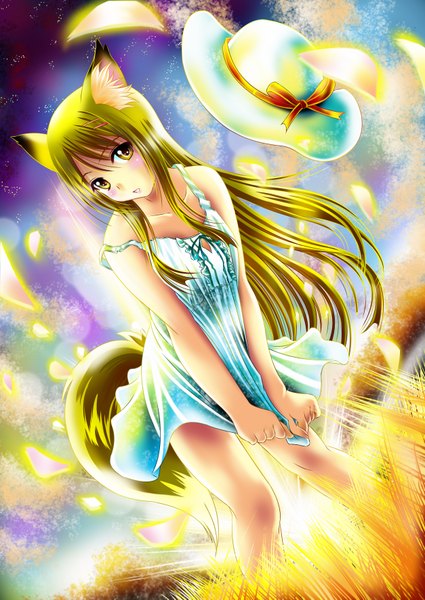Anime picture 2508x3541 with original aka kitsune single long hair tall image blush highres blonde hair yellow eyes fox ears fox tail fox girl girl hat sundress