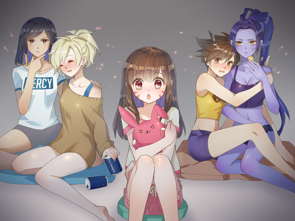 Anime picture 2000x1500 with overwatch blizzard entertainment d.va (overwatch) mercy (overwatch) widowmaker (overwatch) tracer (overwatch) pharah (overwatch) atobesakunolove long hair looking at viewer blush highres short hair breasts open mouth black hair simple background blonde hair brown hair sitting