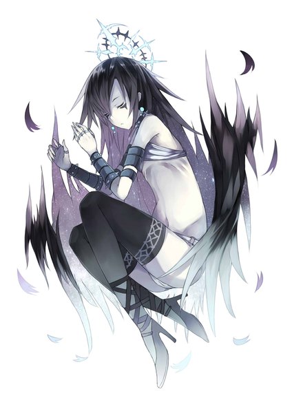 Anime picture 1060x1500 with original keid single long hair tall image fringe light erotic black hair simple background hair between eyes white background full body eyes closed high heels angel wings black wings face paint weightlessness embryo's pose girl
