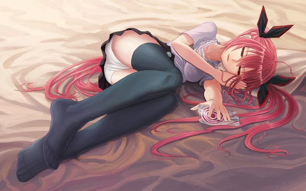 Anime picture 1400x875 with date a live itsuka kotori ??? (artist) single light erotic twintails pink hair ass lying eyes closed very long hair legs girl thighhighs dress skirt underwear panties bow black thighhighs