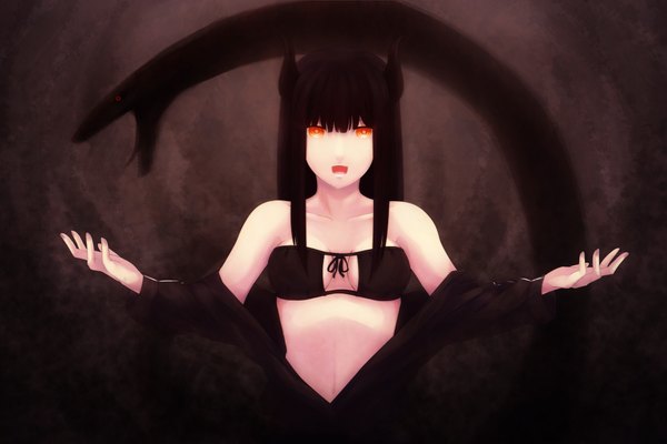 Anime picture 2000x1334 with black rock shooter black gold saw single long hair looking at viewer highres open mouth light erotic black hair horn (horns) orange eyes girl jacket bikini top snake