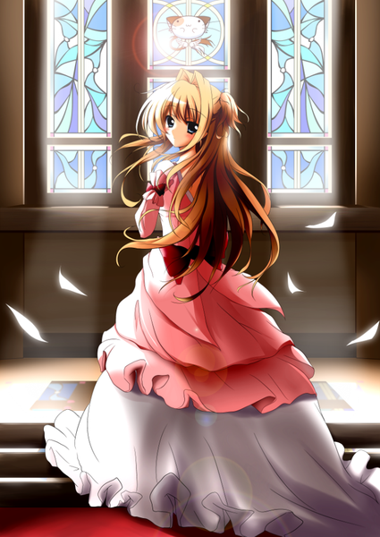 Anime picture 688x971 with mashiroiro symphony sena airi suemizu yuzuki single long hair tall image blush blue eyes blonde hair looking back sunlight sunbeam girl dress stairs stained glass