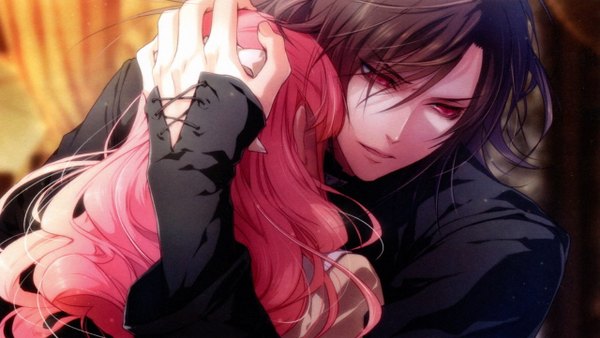 Anime picture 1280x722 with wand of fortune idea factory lulu (wand of fortune) alvaro garay long hair brown hair wide image looking away pink hair pink eyes couple hug hand on head girl boy bow hair bow