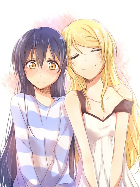 Anime picture 800x1066 with love live! school idol project sunrise (studio) love live! ayase eli sonoda umi sakura ai ke long hair tall image fringe blonde hair smile white background bare shoulders multiple girls brown eyes cleavage purple hair eyes closed very long hair embarrassed