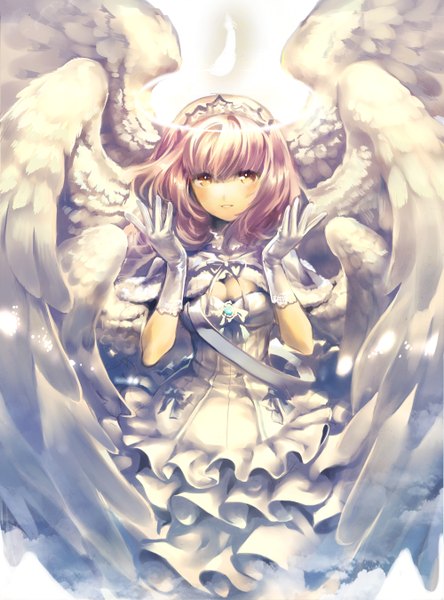 Anime picture 2000x2700 with original bun-o (artist) single tall image looking at viewer blush highres short hair open mouth smile yellow eyes pink hair sunlight angel wings angel girl dress gloves wings white dress
