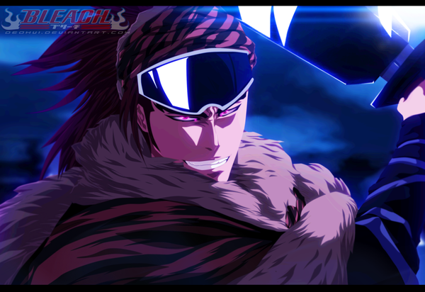Anime picture 2733x1880 with bleach studio pierrot abarai renji deohvi single long hair highres smile pink hair cloud (clouds) pink eyes inscription night night sky grin coloring watermark boy weapon fur