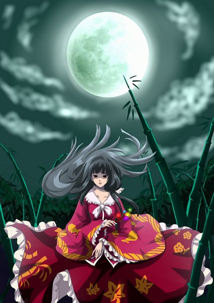 Anime picture 1576x2230 with touhou houraisan kaguya sheeg single long hair tall image black hair red eyes cloud (clouds) wind night girl dress plant (plants) moon bamboo