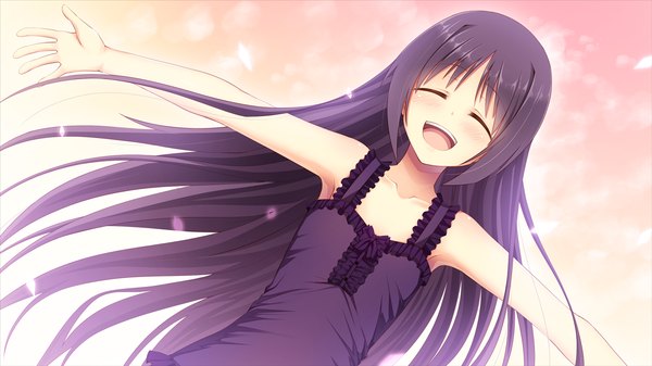 Anime picture 1280x720 with aisare roommate housenji yui long hair blush open mouth smile wide image game cg purple hair eyes closed girl dress petals