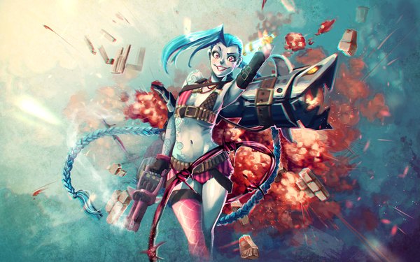 Anime picture 1920x1200 with league of legends jinx (league of legends) hadh single looking at viewer highres light erotic smile bare shoulders blue hair very long hair pink eyes armpit (armpits) tattoo wallpaper explosion girl thighhighs gloves navel