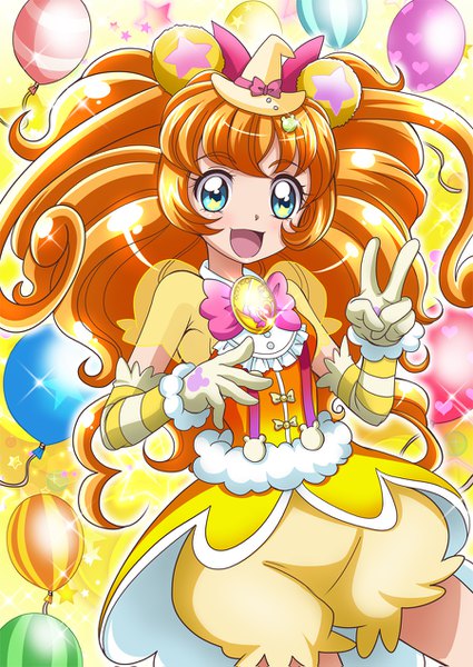 Anime picture 900x1271 with precure mahou girls precure! toei animation mofurun (mahou girls precure!) cure mofurun hanzou single long hair tall image looking at viewer blush fringe open mouth smile animal ears payot :d arm up aqua eyes orange hair