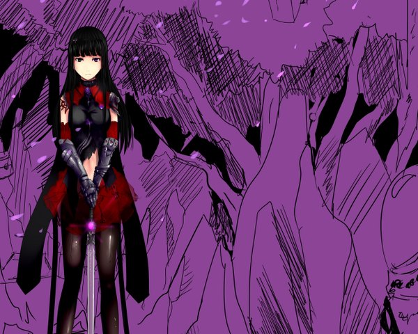 Anime picture 1280x1024 with original swordwaltz single long hair black hair heterochromia drawing girl gloves weapon pantyhose sword elbow gloves armor