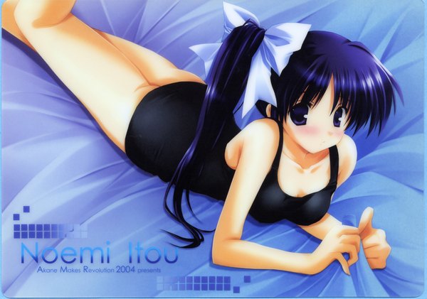 Anime picture 2309x1623 with with you itou noemi ikegami akane single long hair looking at viewer blush highres purple eyes lying inscription girl bow swimsuit hair bow