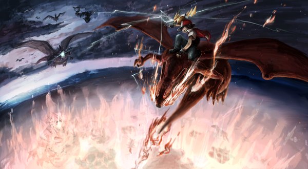 Anime picture 1636x900 with pokemon nintendo pikachu red (pokemon) charizard dragonite gyarados moltres toi (number8) black hair wide image cloud (clouds) night glowing battle electricity gen 1 pokemon epic gloves hat