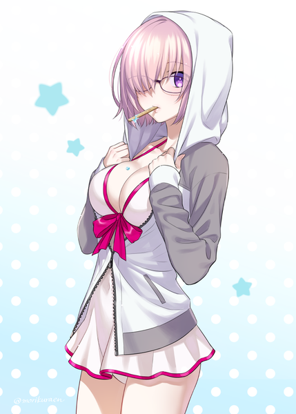 Anime picture 777x1087 with fate (series) fate/grand order mash kyrielight mash kyrielight (swimsuit of perpetual summer) morikura en single tall image looking at viewer fringe short hair breasts light erotic large breasts standing purple eyes signed pink hair cleavage long sleeves hair over one eye