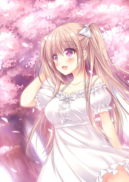 Anime picture 627x885 with original sorai shin'ya single long hair tall image blush fringe breasts open mouth blonde hair smile hair between eyes large breasts purple eyes twintails payot looking away wind puffy sleeves cherry blossoms