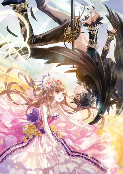 Anime picture 895x1265 with original ojyou long hair tall image short hair breasts blue eyes black hair red eyes brown hair bare shoulders cleavage nail polish fingernails lips sleeveless couple long fingernails flying black wings