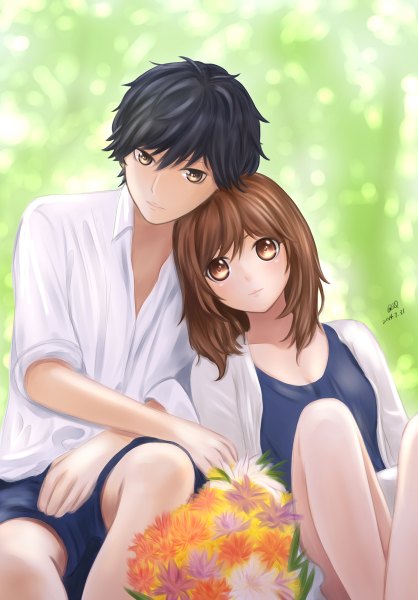 Anime picture 836x1200 with ao haru ride yoshioka futaba mabuchi kou guogreen (artist) tall image fringe short hair black hair smile brown hair sitting brown eyes signed bent knee (knees) light smile twisty sleeves spiked hair girl boy plant (plants)