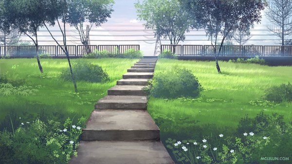 Anime picture 1280x720 with original mclelun wide image signed sky cloud (clouds) no people flower (flowers) plant (plants) tree (trees) grass stairs fence power lines
