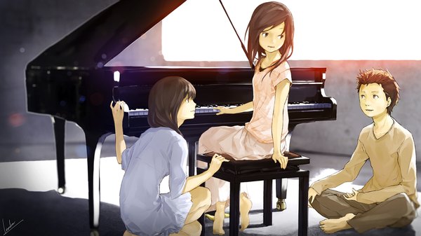 Anime picture 1920x1080 with original loundraw long hair highres short hair open mouth brown hair wide image sitting multiple girls brown eyes signed black eyes trio girl dress boy 2 girls piano